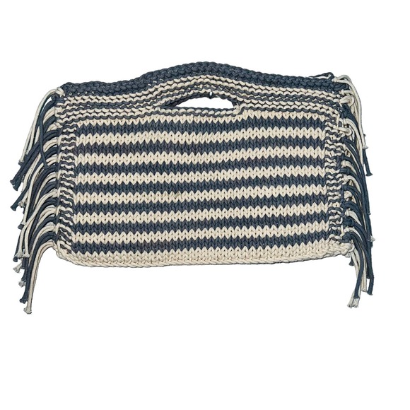 Mersea Handbags - Mersea Handwoven Village Clutch With Fringe Blue Cream Cotton